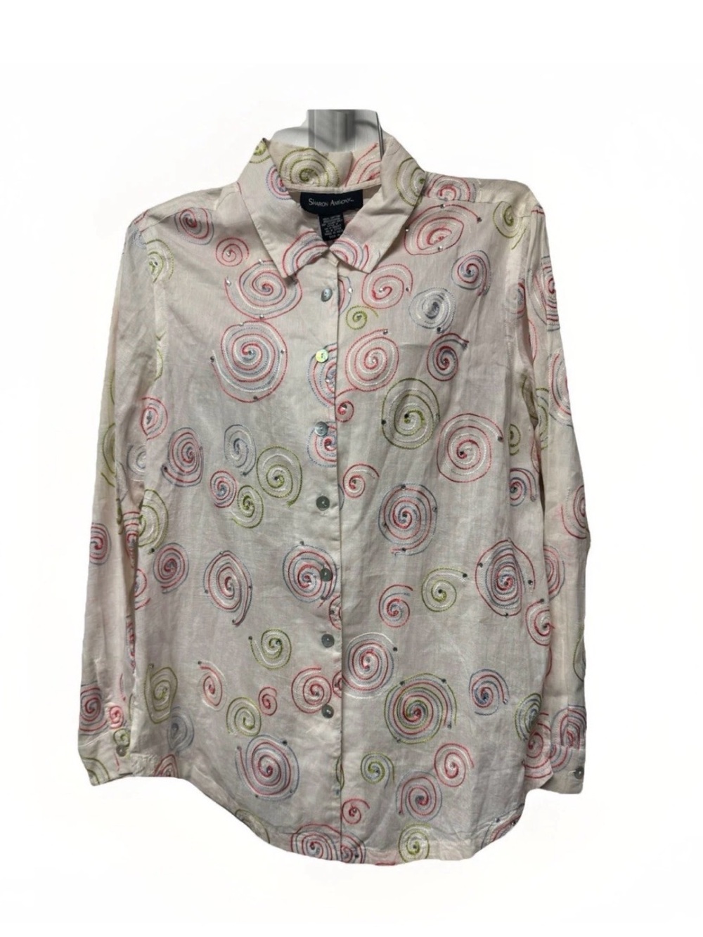 Sharon Anthony Embroidered Swirl Rhinestone ButtonDown Blouse Sz-M Cotton Causal